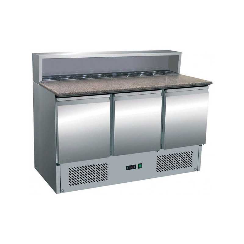 Tour à pizza réfrigéré 3 portes avec top à ingrédients plan en granit