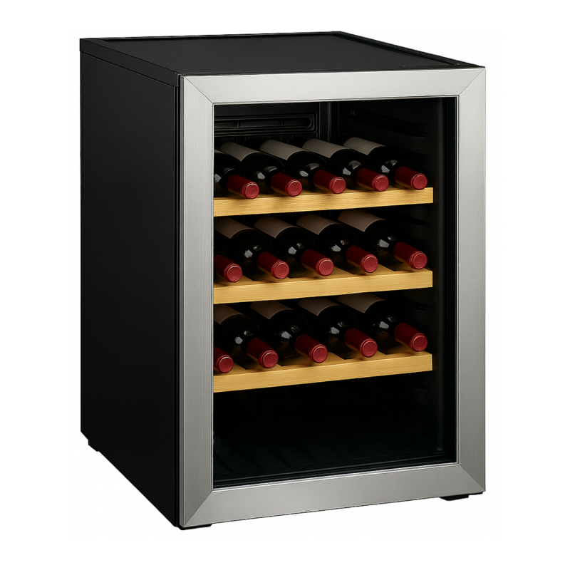 Cave à Vin de Service - 25 Bouteilles - Cadre Inox - Étagères en Bois