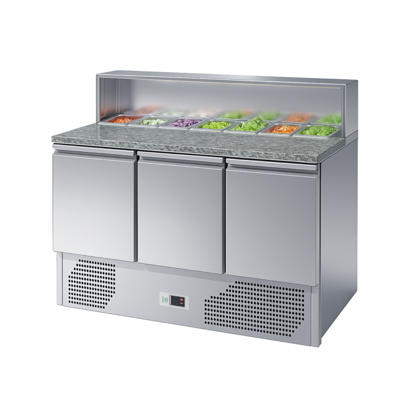 Tour à pizza réfrigéré 3 portes avec top à ingrédients plan en granit