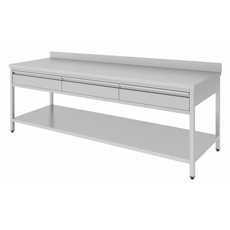 Table inox adossée 1800 x 600 mm avec 3 tiroirs
