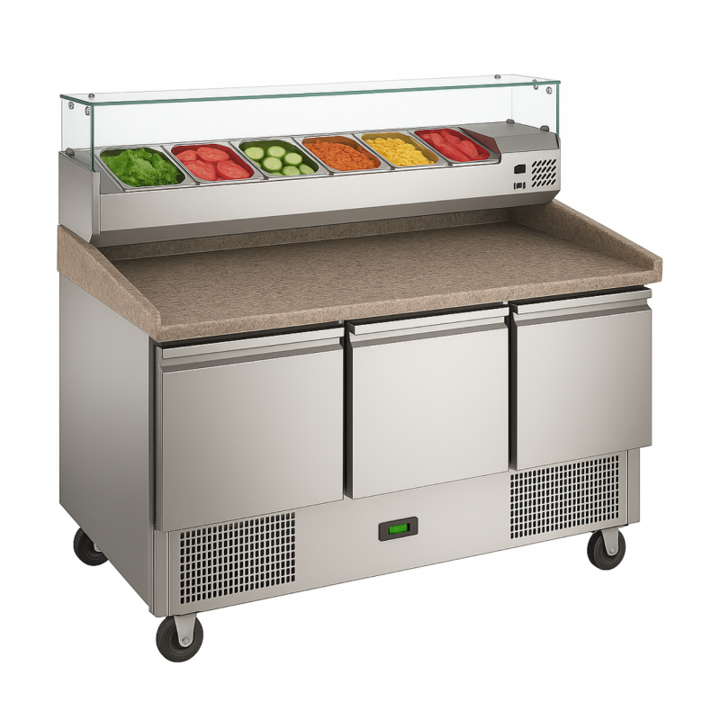 Table à pizza 3 portes plan en granit + vitrine à ingrédients